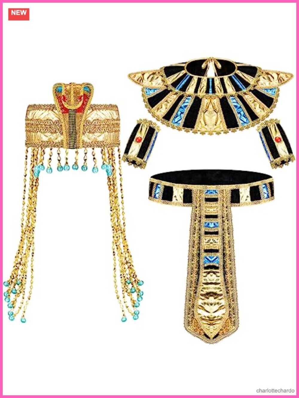5 Pc Egyptian Costume Accessory Set Snake Headpiece Belt Collar Wristbands